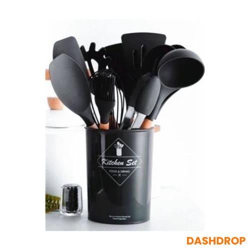 Kit 12 Peças Utensílios de Cozinha em Silicone com Cabo de Madeira