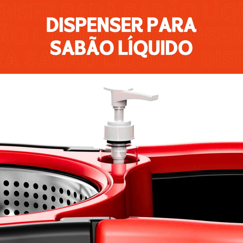 Mop Giratório em Inox + Balde Centrífuga + 2 Refil + Dispenser Para Sabão