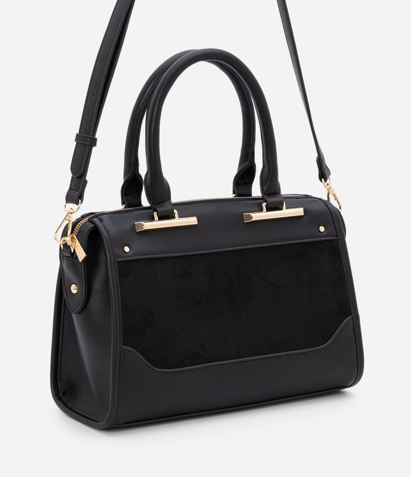 Bolsa Satchel em PU com Detalhes em Suede Preto