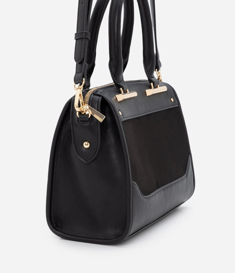 Bolsa Satchel em PU com Detalhes em Suede Preto